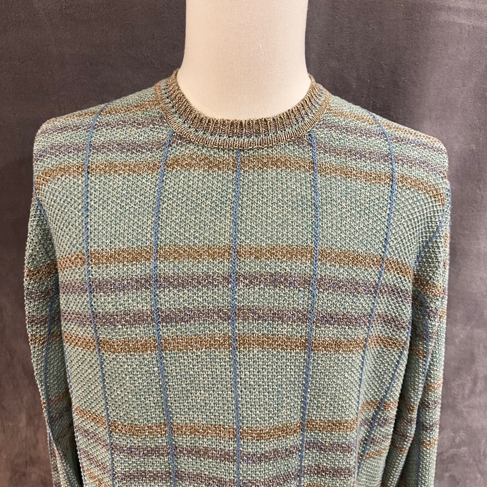 New Henry Jacobson, size Lg, seafoam ground plaid, 100% linen sweater